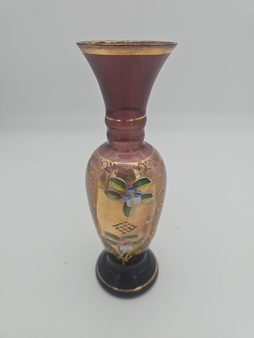 Bohemian Glass Purple Gold Enamel Purple Amethyst Vase Hand Painted Enameled